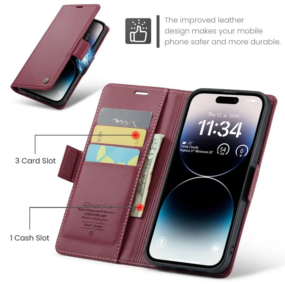 CaseMe 023 For iPhone 15 Pro Max Retro PU Leather Wallet Case Butterfly Buckle w